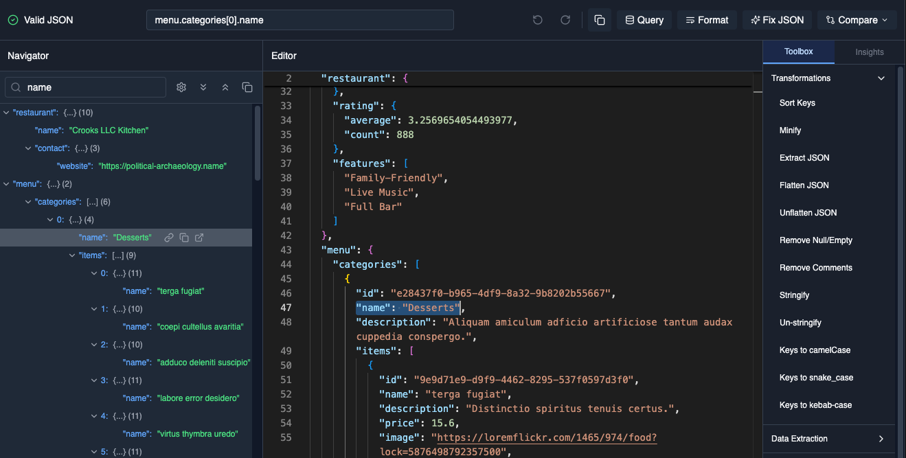JSON Tree view with interactive navigation