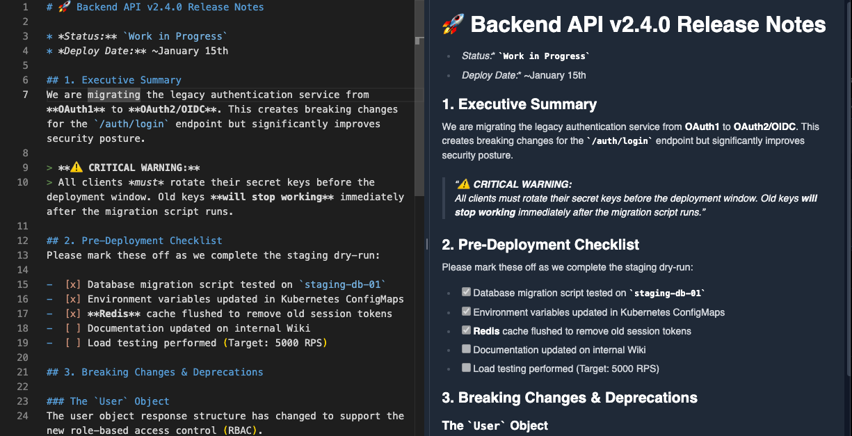 Markdown split view with live preview